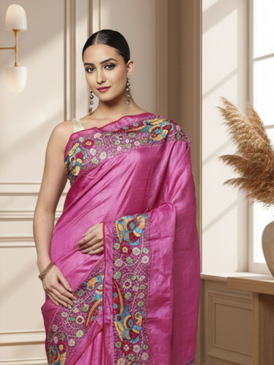 Silkmark Certified Elegant Pure Tussar Cutwork Dark Magenta Saree