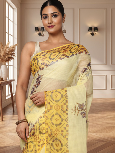 Earthy Kota Doria Blockprinted Yellow Saree