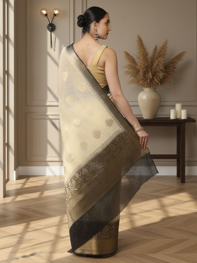 Silk Linen Weaving Design Jacquard Handloom Saree Cream Color with Running Blouse-Indiehaat