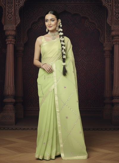 Pankhudi Gota Patti Lime Green Kota Cotton Saree