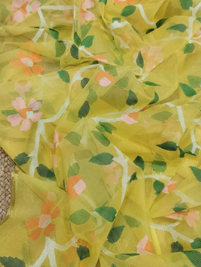 Indiehaat | Pure Muslin Silk Jamdani Saree Yellow