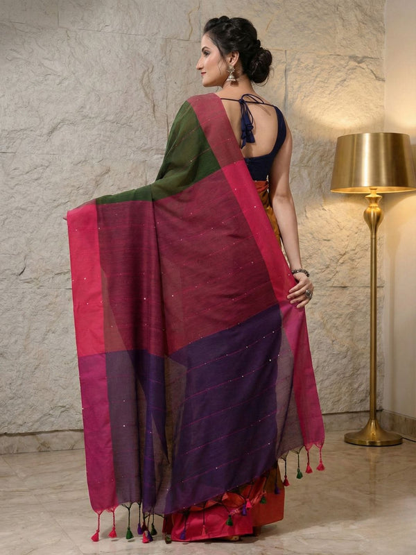 Nirmal Pure Khadi Cotton Sequin Saree Mustard