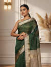 Stunning Pure Maheshwari Silk Allover Checks Rich Green Saree