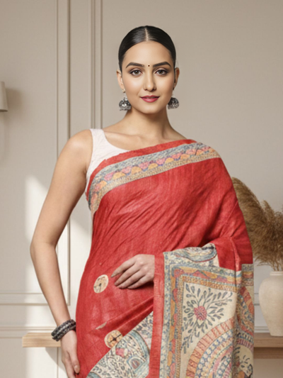 Madhubani Silkmark Gicha Tussar Silk Vivid Red Saree
