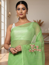 Earthy Kota Doria Green Pure Cotton Floral Embroidery Saree