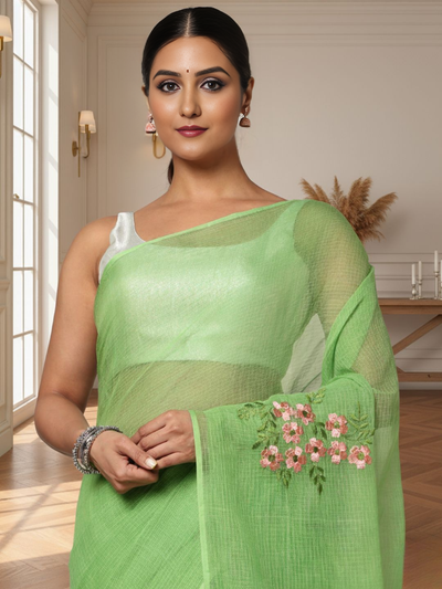 Earthy Kota Doria Green Pure Cotton Floral Embroidery Saree
