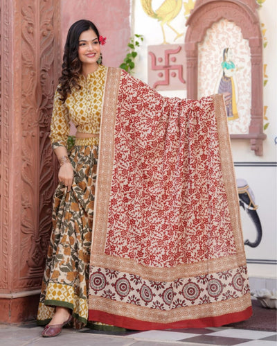 Indiehaat | Festive Fusion Lehanga Choli Set Warm Yellow BlockPrinted