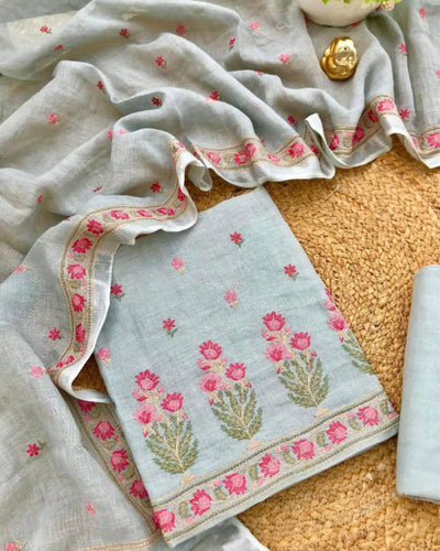 Indiehaat | Pure Linen Embroidery Suit Gray
