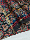 Indiehaat | Chanderi Silk Ajrakh Print Saree Black