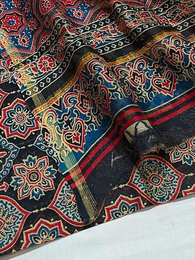 Indiehaat | Chanderi Silk Ajrakh Print Saree Black
