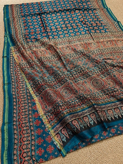 Indiehaat | Chanderi Silk Ajrakh Print Saree Blue