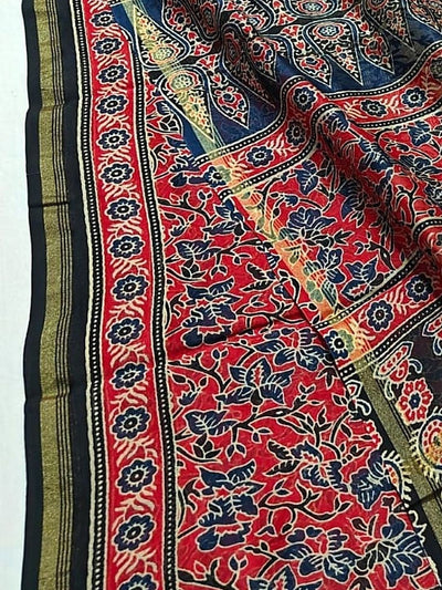 Indiehaat | Chanderi Silk Ajrakh Print Saree Red