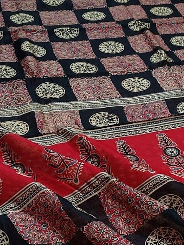 Indiehaat | Chanderi Silk Ajrakh Print Saree Red