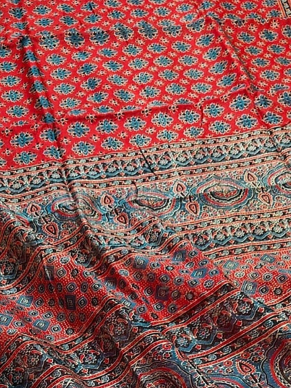 Indiehaat | Chanderi Silk Ajrakh Print Saree Red