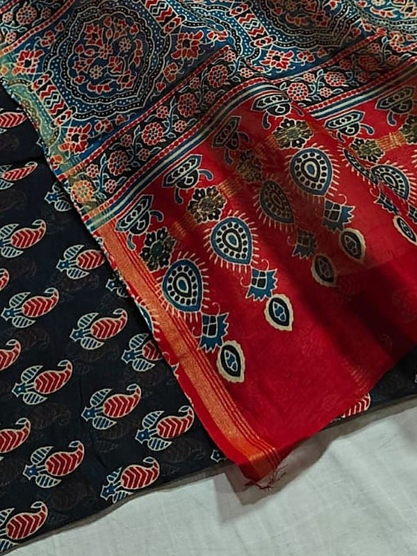 Indiehaat | Chanderi Silk Ajrakh Print Saree Black