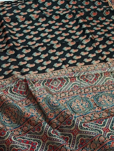 Indiehaat | Chanderi Silk Ajrakh Print Saree Black
