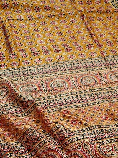 Indiehaat | Chanderi Silk Ajrakh Print Saree Yellow