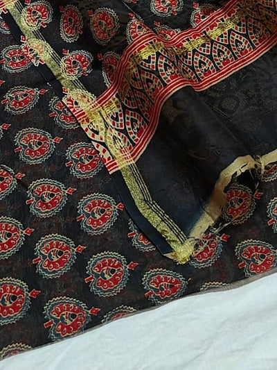 Indiehaat | Chanderi Silk Ajrakh Print Saree Black