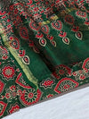 Indiehaat | Chanderi Silk Ajrakh Print Saree Green