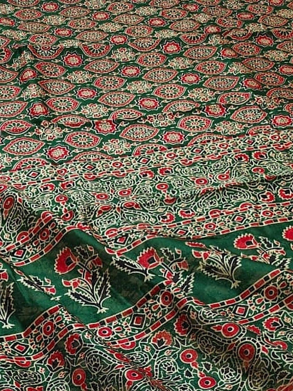 Indiehaat | Chanderi Silk Ajrakh Print Saree Green