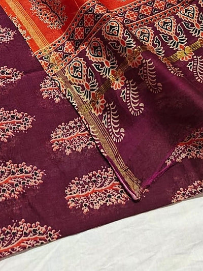 Indiehaat | Chanderi Silk Ajrakh Print Saree Red