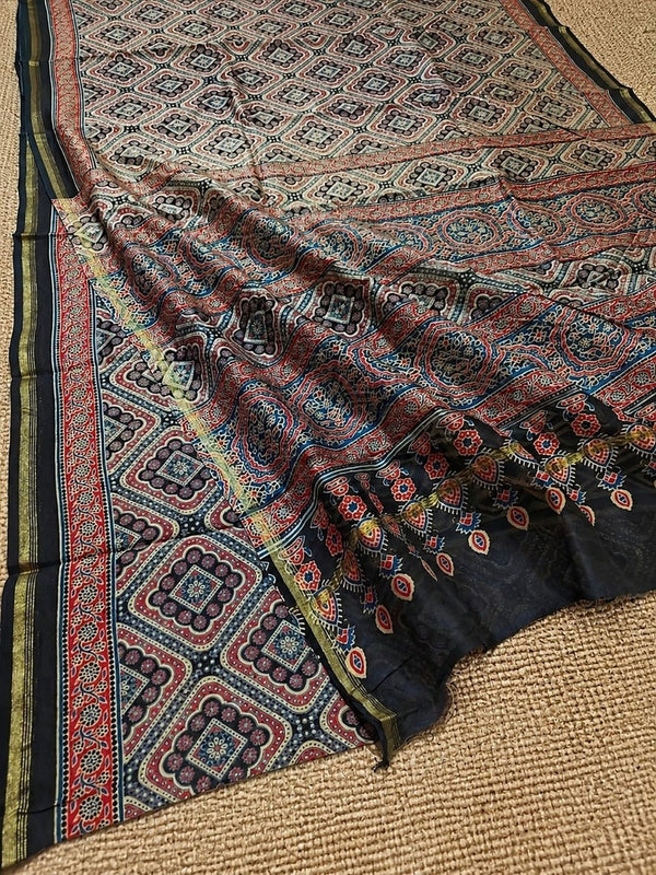 Indiehaat | Chanderi Silk Ajrakh Print Saree Black