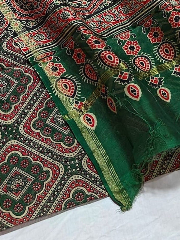Indiehaat | Chanderi Silk Ajrakh Print Saree Green