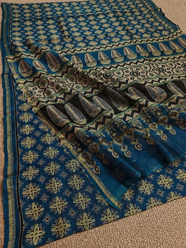 Indiehaat | Chanderi Silk Ajrakh Print Saree Blue