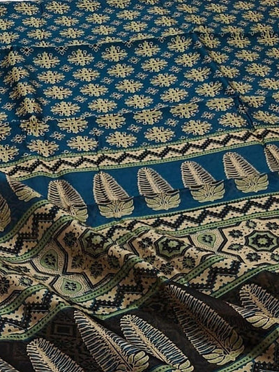 Indiehaat | Chanderi Silk Ajrakh Print Saree Blue