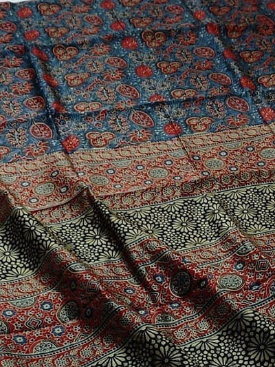 Indiehaat | Chanderi Silk Ajrakh Print Saree Blue