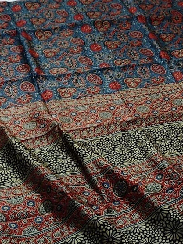 Indiehaat | Chanderi Silk Ajrakh Print Saree Blue