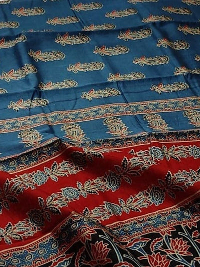 Indiehaat | Chanderi Silk Ajrakh Print Saree Blue