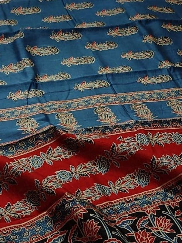 Indiehaat | Chanderi Silk Ajrakh Print Saree Blue