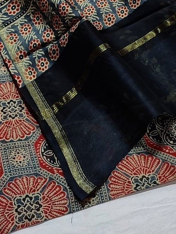 Indiehaat | Chanderi Silk Ajrakh Print Saree Red
