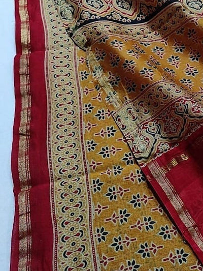 Indiehaat | Chanderi Silk Ajrakh Print Saree Yellow