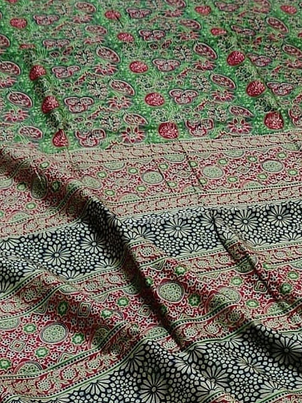 Indiehaat | Chanderi Silk Ajrakh Print Saree Green