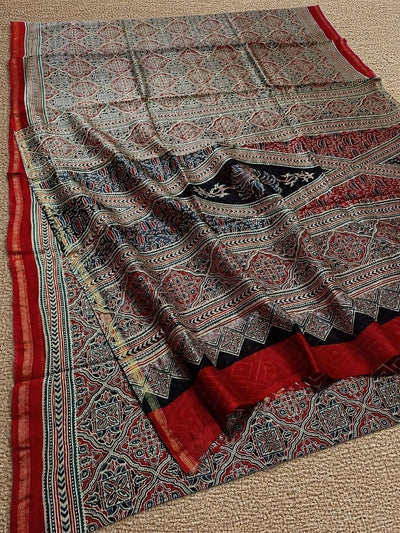 Indiehaat | Chanderi Silk Ajrakh Print Saree Multicolor
