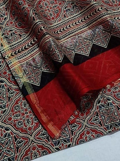 Indiehaat | Chanderi Silk Ajrakh Print Saree Multicolor