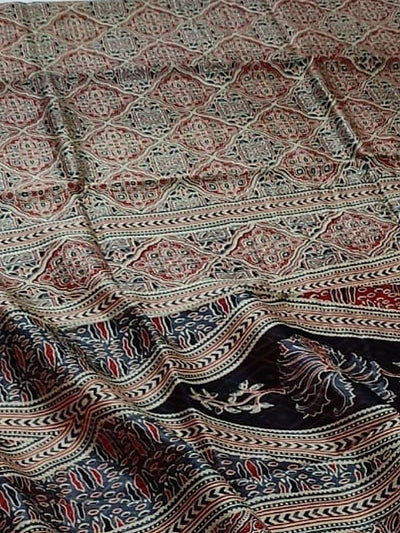 Indiehaat | Chanderi Silk Ajrakh Print Saree Multicolor