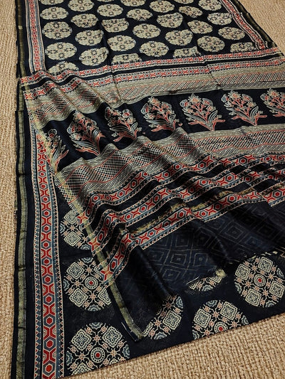 Indiehaat | Chanderi Silk Ajrakh Print Saree Black