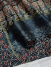 Indiehaat | Chanderi Silk Ajrakh Print Saree Blue