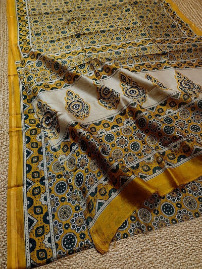 Indiehaat | Chanderi Silk Ajrakh Print Saree Yellow