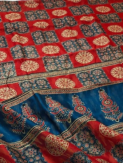 Indiehaat | Chanderi Silk Ajrakh Print Saree Red