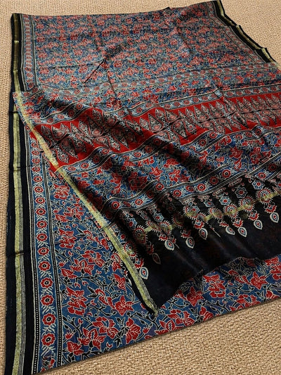 Indiehaat | Chanderi Silk Ajrakh Print Saree Multicolor