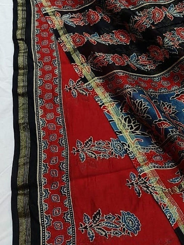 Indiehaat | Chanderi Silk Ajrakh Print Saree Red