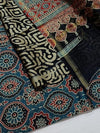 Indiehaat | Chanderi Silk Ajrakh Print Saree Blue