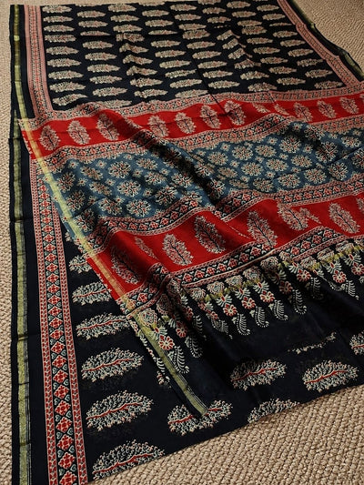 Indiehaat | Chanderi Silk Ajrakh Print Saree Black