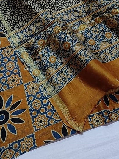 Indiehaat | Chanderi Silk Ajrakh Print Saree Yellow