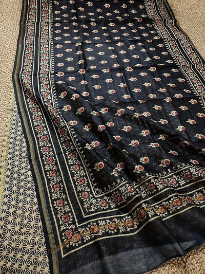 Indiehaat | Chanderi Silk Ajrakh Print Saree Black