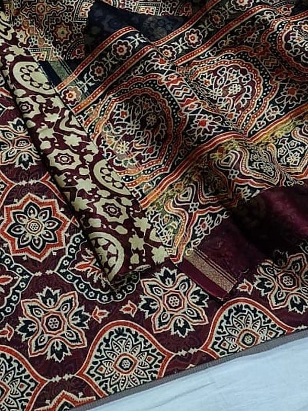 Indiehaat | Chanderi Silk Ajrakh Print Saree Red
